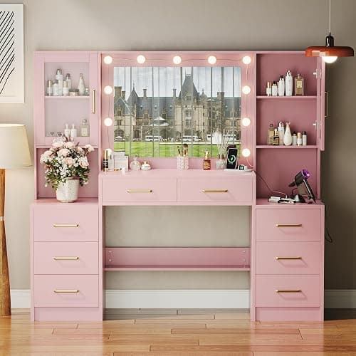 58.3" Makeup Vanity Desk with Charging Station, Pink Makeup Dressing Table with Mirror & Lights, 3 Lighting Modes Adjustable Brightness, Vanity Table with Power Outlet & 8 Drawers without Stool thumbnail 8