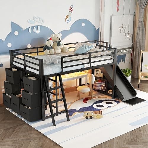 Bellemave Twin Size Loft Bed with 7 Non-Woven Fabric Drawers, Shelves and Wardrobe, Twin Loft Bed with Detachable Slide and Ladders, Low Profile Loft Beds with Lights, Noise Reduced Design Black - Image 1