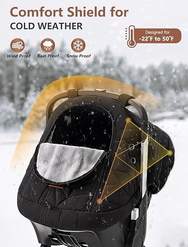 Car Seat Cover Baby Winter: Sprouterie Carseat Canopy for Babies - Infant Cold Weather Shield with Zipper Peeping Window Warm and Cozy Waterproof Universal Fitted Black for Boy Girl Neutral Newborn thumbnail 2