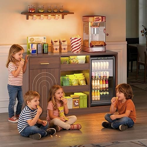 Snack Bar Cabinet with Mini Fridge Space, Mini Fridge Cabinet with Storage, Coffee Bar Cabinet with Drawer, Power Outlets, Snack Organizer with LED Lights for Home, Movie Room, Game Room (Walnut) thumbnail 8
