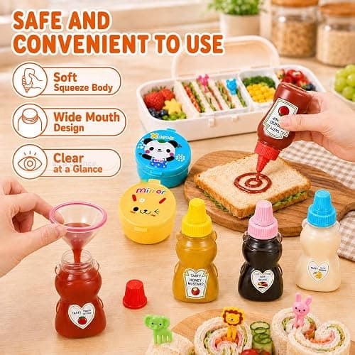 WXOIEOD 72 Pack Lunch Box Accessories, Including Mini Ketchup Bottle Bear Shaped Condiment Squeeze Bottles Small Sauce Containers Animal Food Picks for Travel Bento Box Picnic thumbnail 5