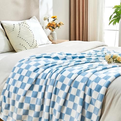 Edenleaf Checkered Blanket Flannel Throw Blankets Soft Cozy Checkered Grid Print Chessboard Gingham Pattern Throws for Bed Sofa Couch for All Seasons, 50x60 Inch, Blue thumbnail 4