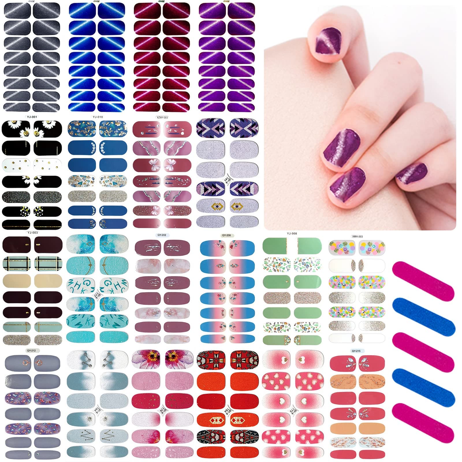 Daily Treasures 20 Sheets Adhesive Nail Art Polish Stickers, DIY Self-Adhesive Glitter Nail Art Decals with 5Pcs Nail Buffers Files-Nail Art Polish Stickers for Women Girls Holiday - Image 1