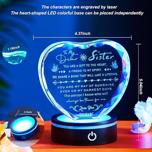 Ghtixsu Sister Gifts Crystal Keepsake with LED Base, Laser Engraved Sister Gift from Sister, Soul Sister Presents for Women, Unique Big Sister Birthday Gifts for Girls, Best Sister Ever Gifts thumbnail 6