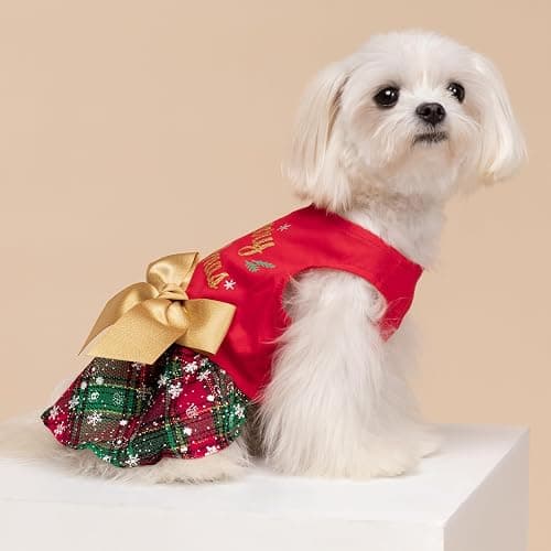 Fitwarm Merry Woofmas 100% Cotton Dog Christmas Outfits Girl Dog Holiday Dress Lightweight Doggie Costume Puppy Clothes Pet Apparel with Bowknot Cat Clothing Red Small thumbnail 3