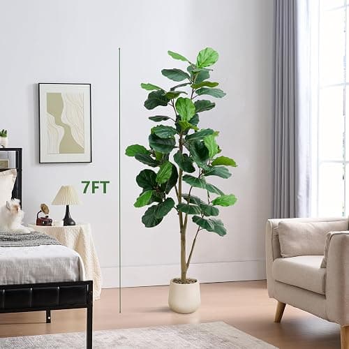 TXABL Artificial Fiddle Leaf Fig Tree,Tall Faux Ficus Lyrata Fake Tree in Pot, Artificial Tree Indoor Decor, Fiddle Leaf Fig Tree Fake Plant for Home Office Living Room Decoration Modern (White, 7FT) thumbnail 7