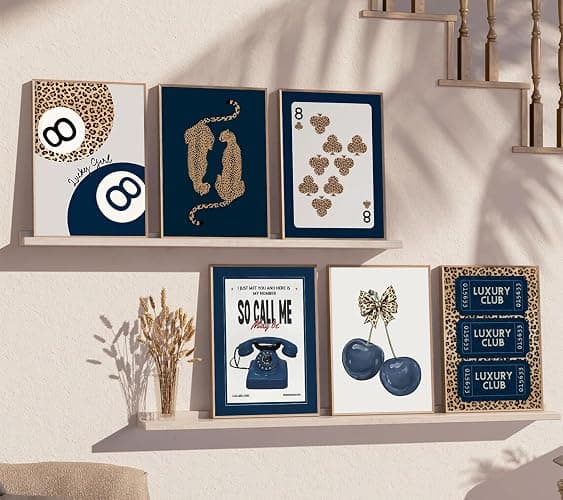 6Pcs Navy Blue Trendy Leopard Canvas Wall Art Fashion Lucky 8 Ball Painting pictures Preppy Y2K Aesthetics Wall Decor Trend Cheetah Prints Artwork for College Dorm Home Decoration 8x10in Unframed thumbnail 4