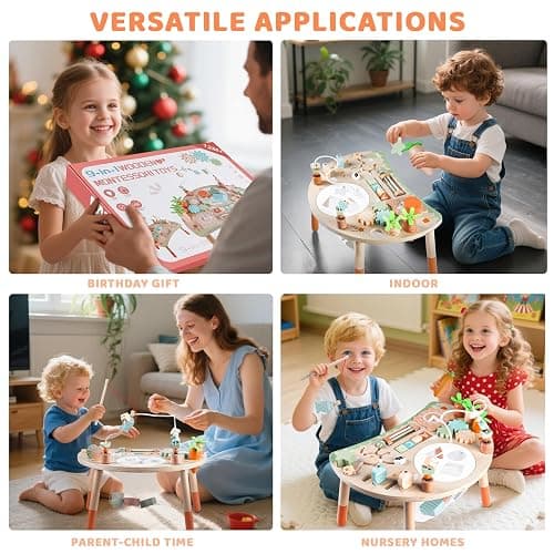 Hewaurorion Wooden Activity Table for 1 Year Old - Montessori 9 in 1 Busy Board Baby Activity Centre with Bead Maze Shape Sorter, Sensory Learning Toys for Toddler, Birthday Gift for Boys and Girls thumbnail 6