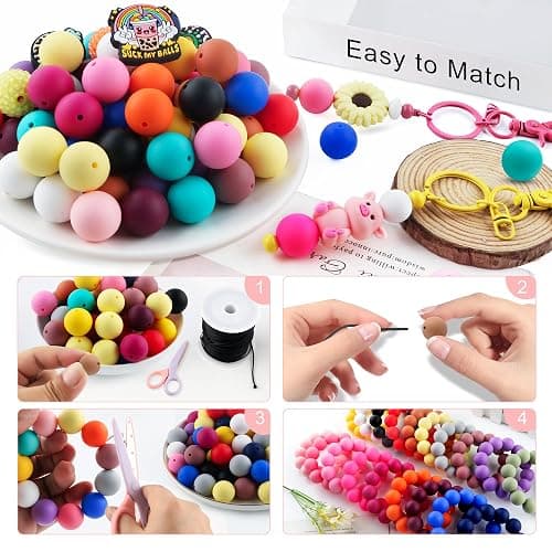 HHCFAST 64Pcs 19mm Silicone Beads for Keychain Making and Bracelet Making,16 Colors Round Silicone Beads for Pens（Multicolor） thumbnail 6