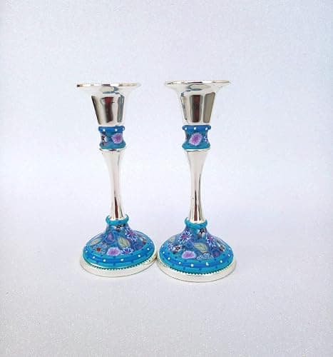 Candlesticks Holders, Handmade Shabbat Candlesticks of Nickel and Polymer Clay, Lovely Table Decoration great as Housewarming and Hostess Gift thumbnail 5
