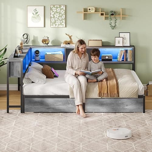 DICTAC Jugendbett 140x200 mit LED-Beleuchtung und Ladestation, Schlafsofa 140 x 200 mit stauraum-6 Staufächern und 2 Schubladen, Tagesbett mit Lattenrost aus Metall, Eichenasche | LED-Beleuchtung thumbnail 8