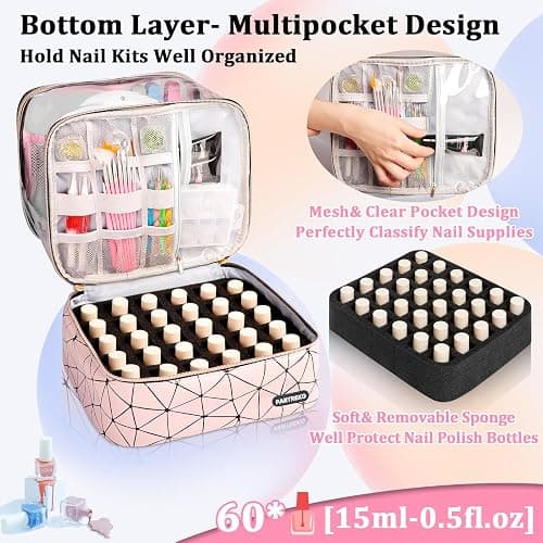 Partreko Clear Nail Polish Organizer Holds 60 Bottles (15ml/0.5fl.oz)& Nail Lamp, Double Layer Nail Supplies Organizer Case Transplant, PU Leather Nail kit Storage Bag for Manicure Tools (Pink) thumbnail 3