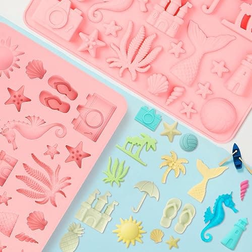Wilewir Summer Beach Silicone Molds Shaped with Coconut Tree, Starfish and Shells, Summer Beach Candy Chocolate Silicone Mold for Cupcakes, Cakesicle Decorations, Summer Themed Party, Pack of 2 thumbnail 4
