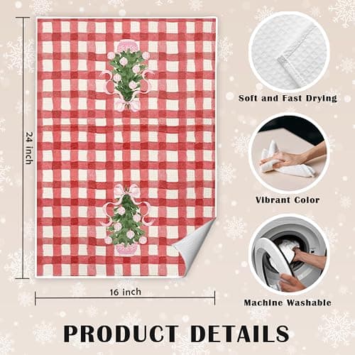 JINYO Red Buffalo Plaid Chinoiserie Christmas Kitchen Towels, Coquette Pink Bow Christmas Tree Decorative Hand Towels for Bathroom Kitchen, Grandmillennial Xmas Dish Tea Towel, 16x24 Inch thumbnail 3