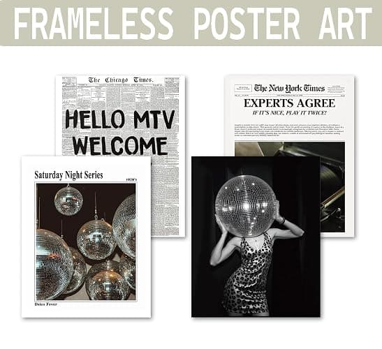 KDHTY Vintage 70s Disco Ball Newspaper Prints Wall Art,Retro Room Cheetah Print Decor,Trendy Black And White Newspaper Wall Art,Record Player Poster for Room Aesthetic,Vintage Decor for College Apartment 8x10 Unframed 4 Pcs thumbnail 2