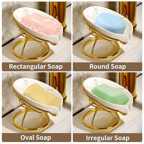 Leaf-Shaped Ceramic Soap Dish with Drain, Holder, Saver, Tray, Bar Soap Holder, Easy Cleaning, for Shower Bathroom Kitchen Sink Bathtub, Pro-Environment White thumbnail 6