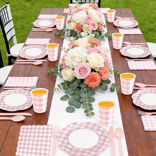 168Pcs Pink Gingham Plates and Napkins Party Supplies, Scalloped Checkered Disposable Paper Plates Set with Napkins Cups Plastic Cutlery for Birthday Wedding Baby Shower Spring Party Supplies thumbnail 4