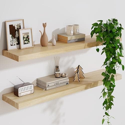 Solid Wood Floating Shelves For Wall, 36”W x 9”D x 1.56”H Large Wall Shelves for Living Room Bedroom Bathroom Kitchen Drcor Storage with Invisible Heavy-Duty Metal Bracket, Natural, Set of 2 - Image 1