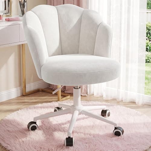 Homkdom Desk Chair with Wheels & Petal Back | Height Adjustable, 360 Swivel, Armless Design, Stylish and Comfortable for Home Office, Study Room - White thumbnail 11