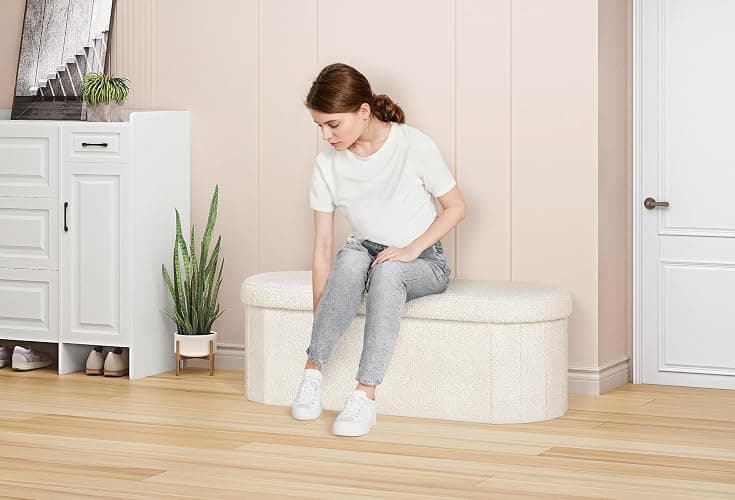 PINPLUS Storage Ottoman Bench Tufted Oval Ottomans Bench Foot Rest, Chest Box Velvet Bench with Storage, 43"x15"x15" (White) thumbnail 5