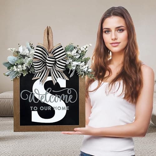 Ultra Large 14'' Last Name All Year Round Front Door Wreath with 26 Initial Letter Welcome Sign All Seasons Eucalyptus Garland and Bow Wreaths for Front Door Porch Farmhouse Decoration (S) - Image 1