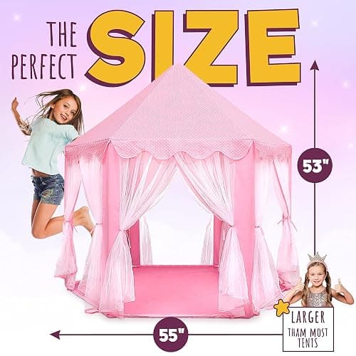 ORIAN Princess Castle Playhouse Tent for Girls with LED Star Lights – Indoor & Outdoor Large Kids Play Tent for Imaginative Games – ASTM Certified, 230 Polyester Taffeta. Pink 55"x53". thumbnail 2