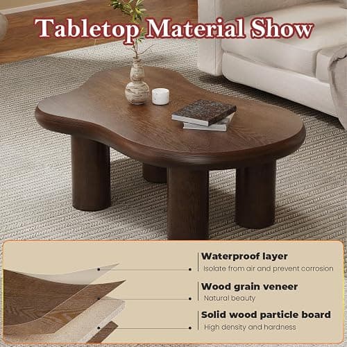 Asymmetric Cloud-shape Coffee Table (C Brown 46in) | Stylish Irregular Home Decor Center Table with Sturdy & Stable Cylindrical Support Legs thumbnail 6