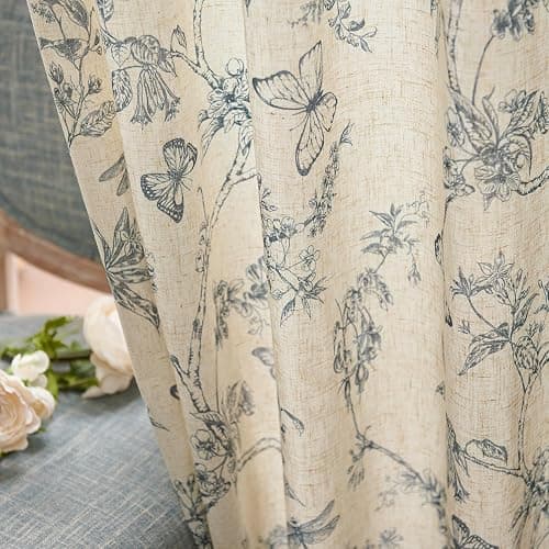 Lazzzy Blue Floral Curtains 84 Inch Length Linen Farmhouse Curtain Back Tab Drapes for Living Room Bedroom Light Filtering Vintage Rod Pocket Curtains, 2 Panels, Blue on Beige thumbnail 9