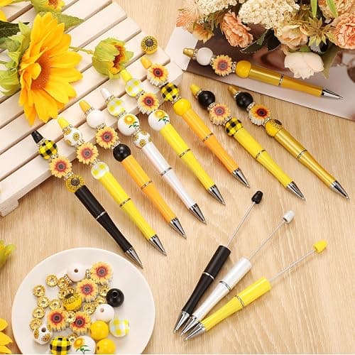 Geyee 12 Set Plastic Beadable Pens Assorted Bead Pens Crystal Wood Round Spacer Set Black Ink DIY Ballpoint for Women Men Gift Office Supplies(Sunflower) thumbnail 2