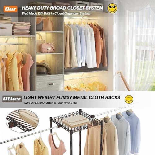 Armocity 96 Inches Closet System, 8FT Walk In Closet Organizer with 3 Shelving Towers, Heavy Duty Clothes Rack with 3 Drawers, Built-In Garment Rack, 96"L x 16"W x 75"H, Load 1000 LBS, White Oak thumbnail 7