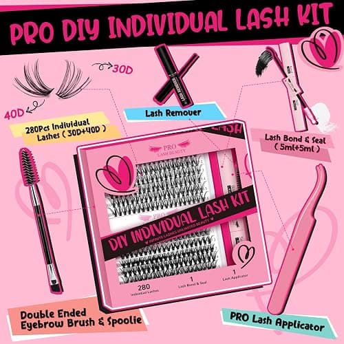 PRO Cluster Lashes Kit 280pcs Lash Clusters 30D+40D Individual Lashes Kit with Lash Bond and Seal Remover Applicator Easy to Apply at Home(30D+40D-9-16mix Kit) thumbnail 6
