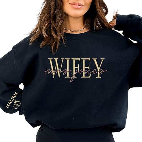 Embroidered Sweatshirt, 100% Cotton Wifey Sweatshirt, Wedding Gift, Gift for Bride, Bridal Shower Gift, Newlywed Honeymoon Present Black thumbnail 3