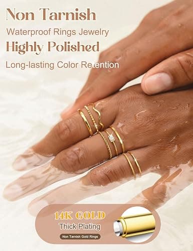 THUNARAZ 8Pcs Stackable Rings for Women Non Tarnish 14K Gold Plated Stainless Steel Dainty Rings Set Minimalist Thin Thumb Ring Cubic Zirconia Wave Statement Ring Bands for Women Size 5-10 thumbnail 2