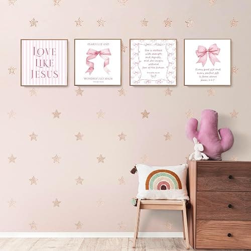 LARTSFRO Coquette Pink Bow Jesus Wall Art Decor Posters, Light Pink Bow Christian Room Bathroom Bedroom Dorm Wall Art Decor Aesthetic for College Teen Girls Gifts, Inspirational Bible Verses Bow Wall Decor, 8x8 Inch Set of 4 Bow Pictures(UNFRAMED) thumbnail 3