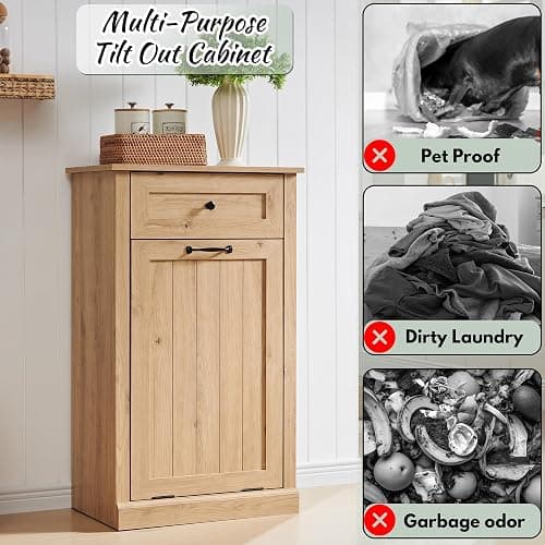 IFBUY Tilt Out Laundry Hamper Cabinet, Trash Can Cabinet, Natural | 10 Gallon Farmhouse Trash Cabinet w/Drawer, Hidden Wood Garbage Can Cabinet w/Laundry Storage Basket for Bathroom, Kitchen thumbnail 4