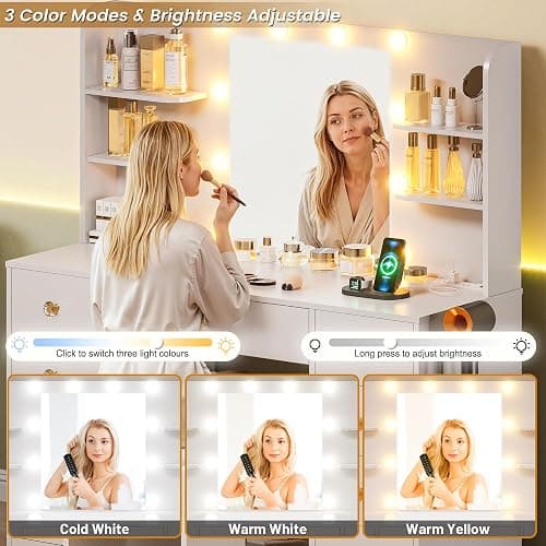 White Vanity Desk With Mirror and LED Lights, 3 Colors Adjustable, Large Makeup Vanity Desk with Power Strip and Hairdryer Holder, 9 Drawers & 6 Shelves Modern Dressing Table for Women, Bedroom thumbnail 4