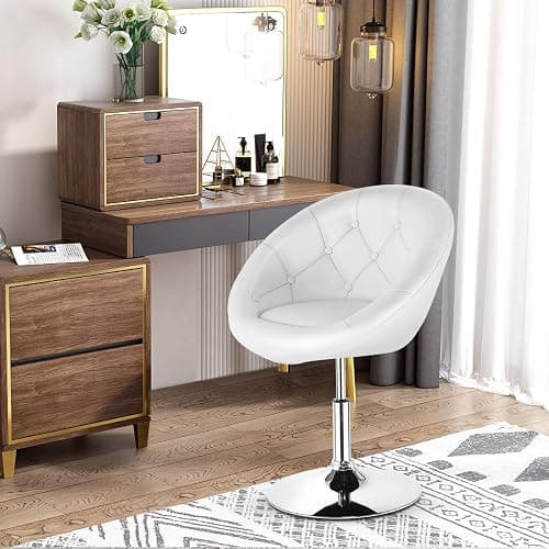 COSTWAY Vanity Chair, Contemporary Height Adjustable Makeup Chair with Chrome Frame, Tufted Round-Back, Modern Swivel Accent Chair for Lounge, Pub, Bar, White thumbnail 2
