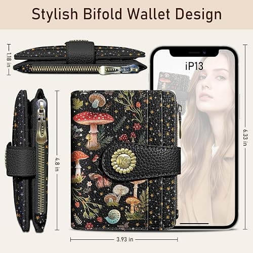 Kelvoris Mushroom Moon Night Small Rfid Women Wallet Bifold Zipper Coin Pocket PU Leather Compact Cash Credit Card Holder Travel Wallet for Female Ladies Teen Girls 1 ID Window 10 Card Slots thumbnail 5