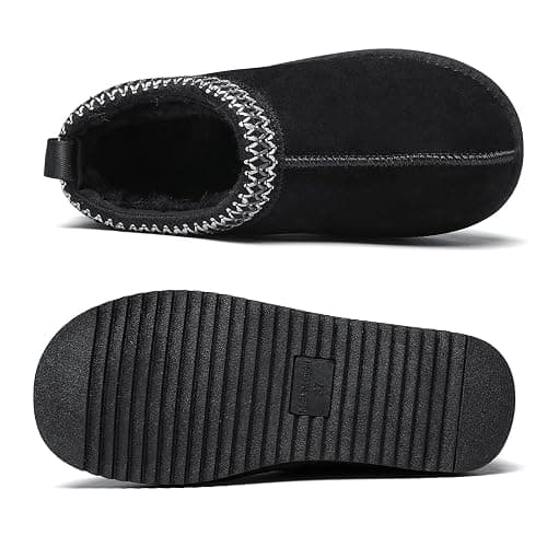 Meik Mangni Women's Fuzzy Slippers Genuine Suede Leather Mini Boots Mens Fur Lining Winter Mules Cozy Warm Shoes for Indoor Outdoor thumbnail 6