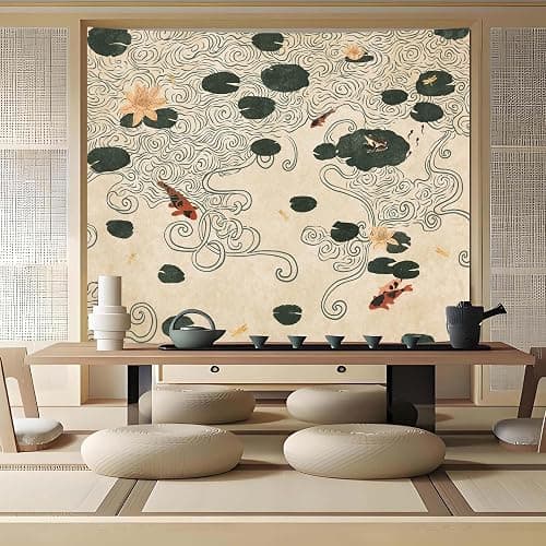 Lifeella Japanese Tapestry, Koi Pond Tapestry, Abstract Lotus Lily Wall Hanging, Zen Nature Aesthetic Art Wall Decor for Bedroom Living Room Dorm, Beige 36x48 inches thumbnail 2