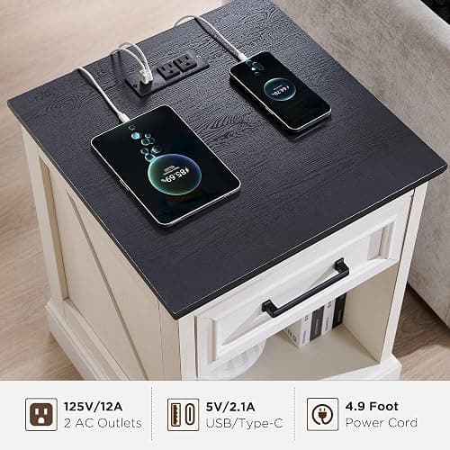 ACCOHOHO 18" Farmhouse Nightstand with Charging Station, Bedside Table with Drawer and Large Open Shelf, Rustic End Table for Bedroom - White thumbnail 3