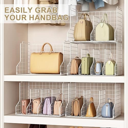 Sonyabecca Purse Storage Organizer for Closet : Adjustable 2-Pack Dividers Handbag Organizer - Stackable Wire Handbags Storage Baskets -Open Cabinets Wallets Tote Chain Bags Clutches -White thumbnail 7