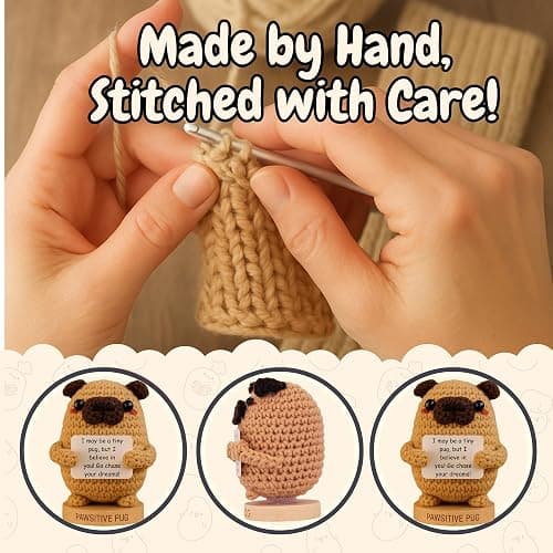 Pug Gifts for Pug Lovers - Tiny Positive Crochet Animal with 30 Uplifting Signs for Dog Owners - Funny and Cute Emotional Support Presents Idea for Mothers Day - Dog Mom Gift for Women Birthday thumbnail 6