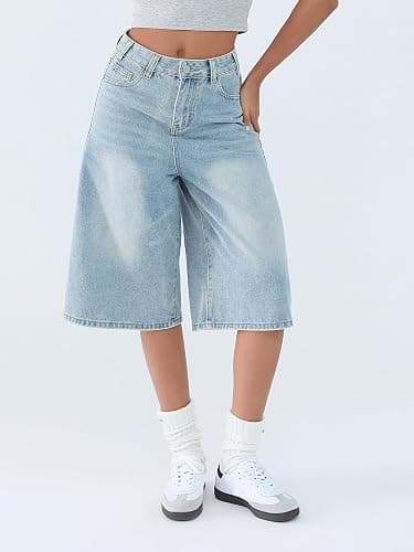 EMMIOL Machine Wash Y2K Jorts Women Wide Leg Baggy Long Jean Shorts Loose Fit Grunge Bermuda Denim Shorts thumbnail 2
