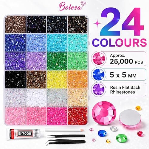 Bolosa 24 Colours 5mm Nail Art Rhinestones Kit, 25000 Pcs Resin Flat Back Gems, Bedazzling Kit with Tweezers & Pick Up Pen for Nails, Nail Gems, Phone Cases, Clothes, Shoes, Home and DIY Crafts thumbnail 2