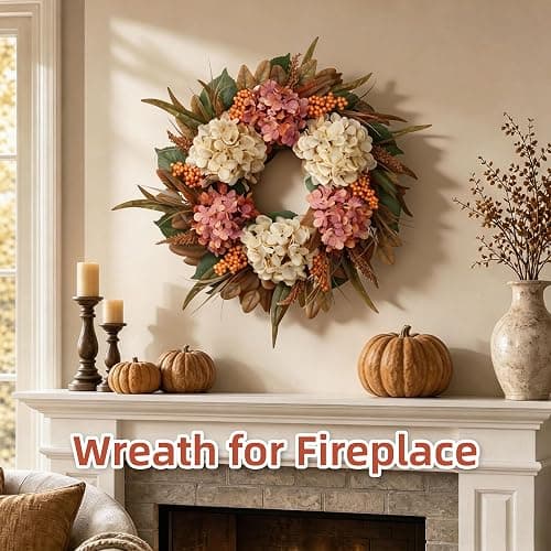 26" Autumn Fall Door Wreath with Hydrangea Berry Eucalyptus for Outdoor | Realistic Eucalyptus Leaves, Hydrangea Flowers, Berries and Hook for Farmhouse Fall Decorations; UV-resistant, Weatherproof thumbnail 7