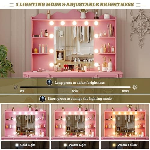 Vlsrka Vanity Desk with Large Mirror and Lights, 43.3" Makeup Vanity Desk with Charging Station and 6 Drawers, Makeup Dressing Table with Storage Stool for Bedroom (Pink) thumbnail 4
