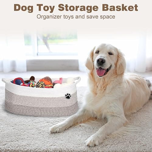 Optish Dog Toy Basket, Toy Box and Bin for Dog Cat Storage, 19.7" X 11" X 7.9" (30L) Large Woven Rope Basket for Blanket Storage, Living Room, Bedroom, White & Brown thumbnail 3