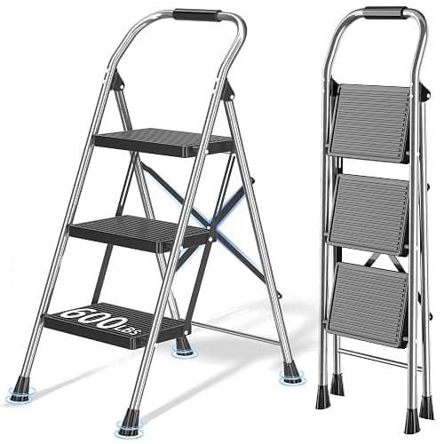 Step Ladder Foldable Folding Stool - for Home Adults Kitchen 3 Stepping Extension Tall Heavy Duty with Handrails - Closet Stepstool Stair Ladders Extendable Stepladder for Indoor House 600Lbs - Image 1