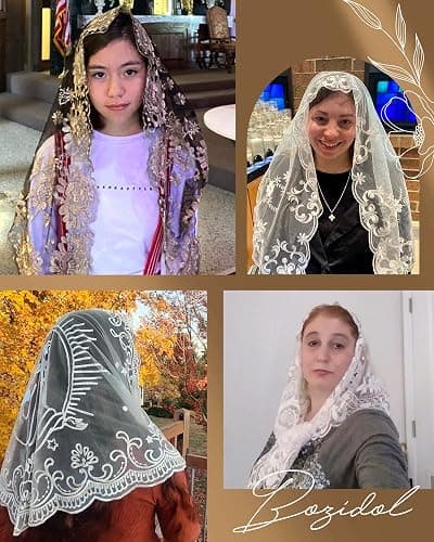 Bozidol Church Mantilla - Catholic Veil With Triangle Holy Virgin Embroidery - Traditional Mass Chapel Veil thumbnail 4